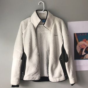White Fluffy Columbia zip up jacket with green